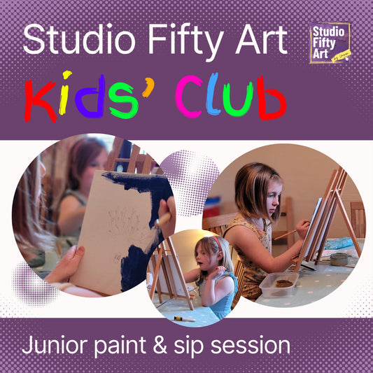 Promotional image for Studio Fifty Art Kids' Club featuring junior paint & sip session. Includes pictures of children painting and having fun at previous events.