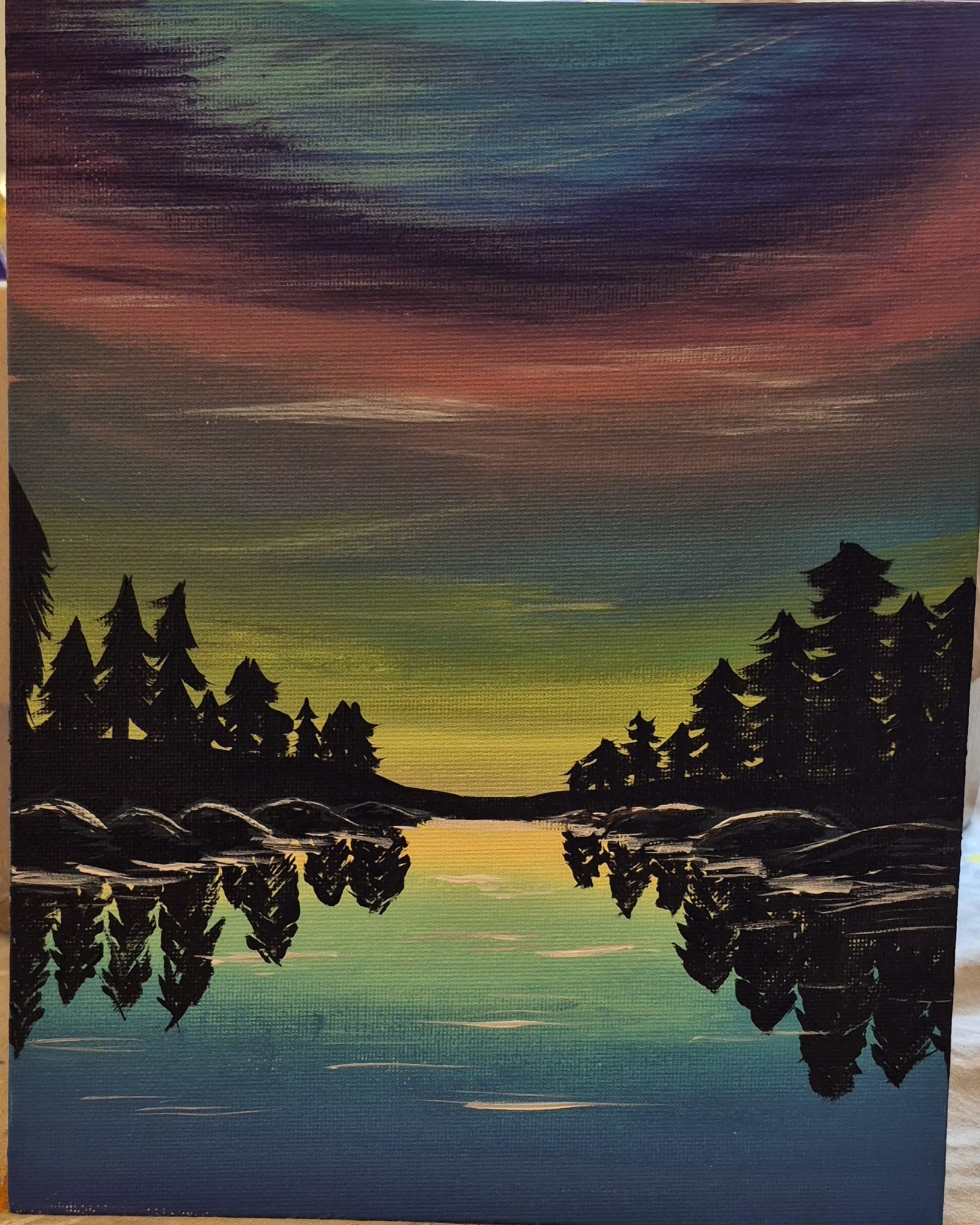 Painting of a serene landscape with trees reflected in water at sunset.